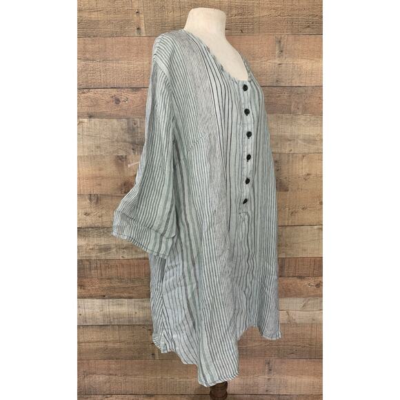 Flax Striped Lt Blue Woven Linen Tunic Dress Size 1G Lagenlook - Picture 2 of 11